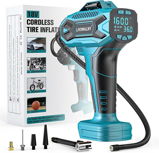 Tire Inflator Air Compressor Compatible with Makita 18V Battery, LIVOWALNY 160 PSI Cordless Portable Electric Air Pump 2025 Bigger LCD Digital Pressure Gauge for Car, Bike, Sport Ball (No Battery)