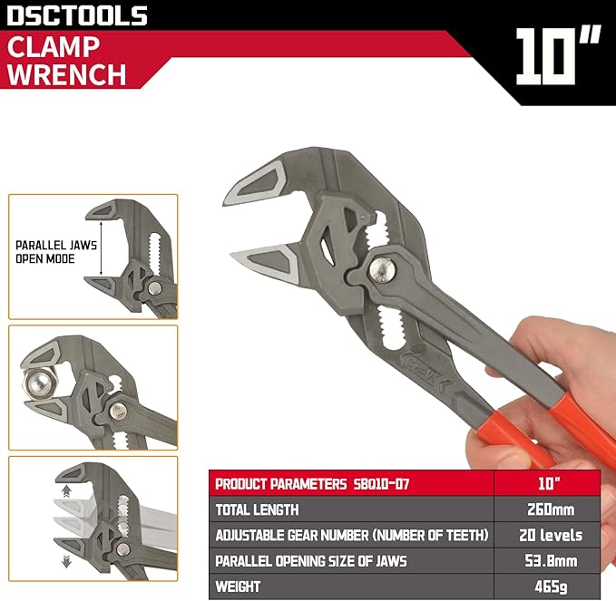 DSCTOOLS Multi-Use Adjustable Plier Wrench, Push Button Quick Adjust Tongue-and-Groove Pliers,Slip Joint Pliers, Plumbing Pliers (7/10/12Inch) (10"/250MM)