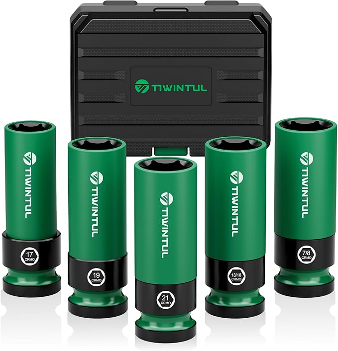 1/2" Wheel Protector Impact Socket Set, 5Pcs Non-Marring Lug Nut Socket Set, CR-MO Steel, 6-Point Thin Wall Deep Socket Set, Color-Coded Protective Sleeves- Metric 17 19 21 mm, SAE 13/16 7/8"