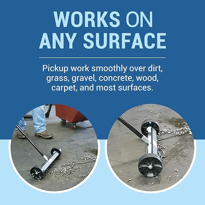 Quick-Release Rolling Magnetic Sweeper, Proudly Made-in-The-USA, 14-Inch Nail Magnet Sweeper on 4-inch Poly Wheels, for Easy Metal Debris Clean-Up. Professional Edition. Handle Sold Seperately!