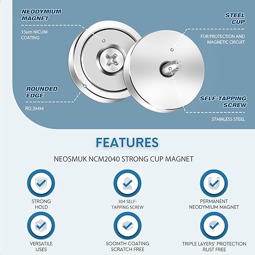 Neosmuk Magnets with Screws,40lbs+ Heavy Duty Rare Earth Neodymium Mounting Magnets with Holes, Countersunk Round Disc Industrial Magnets for Wall Mounting, 5 Pack