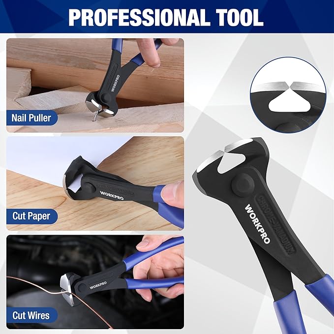 WORKPRO 8 Inch Nail Puller, End Cutting Pliers - Black Finish Chrome Vanadium Steel, High Leverage End Cutting Nipper, Carpenters Pincers, End Snips for Pulling Nails or Cutting Wires