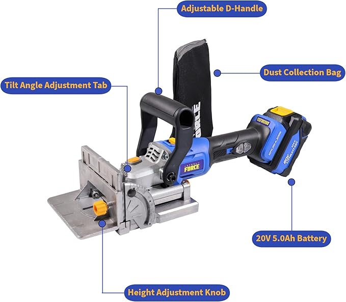 Steel Force BJ184 Wood Biscuit Plate Joiner 4" Brushless Cordless with 20V 5.0Ah Battery and Charger, 8mm 5/16" Dilling Bits, Up to 1-1/2" Drilling Depth