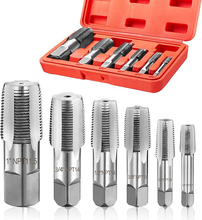 Toolwiz 6Pcs NPT Pipe Tap Set, 1", 3/4", 1/2", 3/8", 1/4", 1/8" Professional Taps Kit, Pipe Thread Cutting Tool with 4-Straight Flute Cutting Design, Alloy Steel NPT Tap Set with Storage Case
