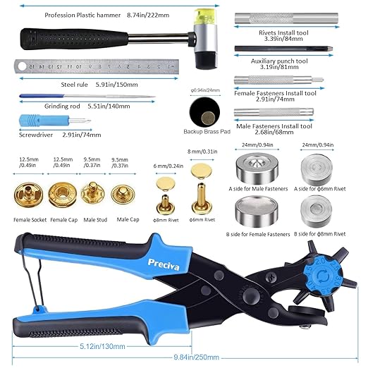 Preciva Hole Punch Plier, Revolving Punch Tool Kit with Pliers, Ruler, Grinding Rod, Plastic Hammer, 340pcs Snap Fasteners & Rivets