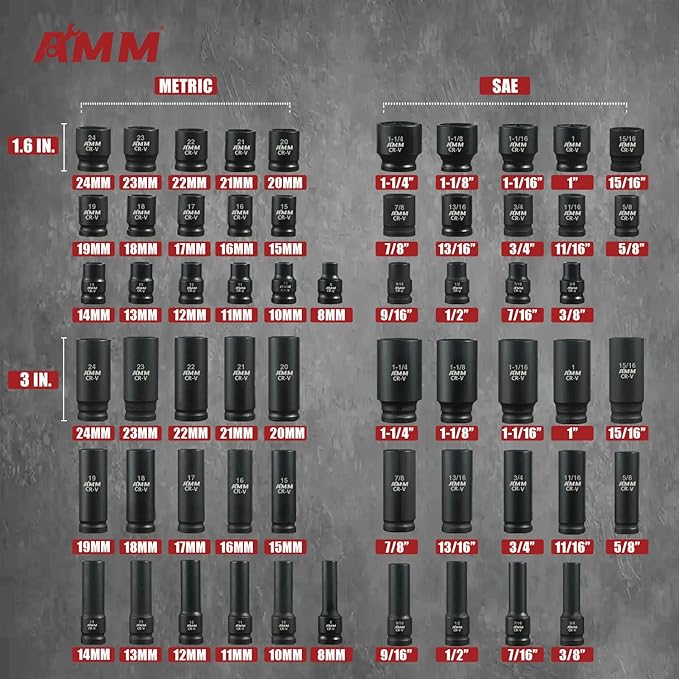 AMM 1/2-inch 66 Pieces Impact Socket Master Set, SAE & Metric from 5/16"-1-1/4",8-24mm, Shallow/Deep Socket Set with Ratched Hand, Extension Bar and Adapters竊똂r-V steel