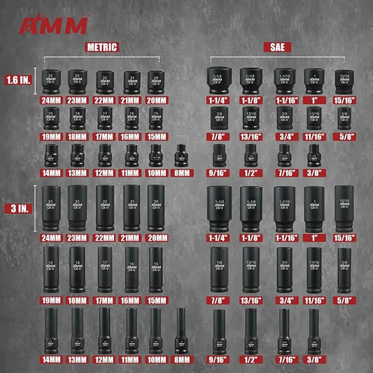 AMM 1/2-inch 66 Pieces Impact Socket Master Set, SAE & Metric from 5/16"-1-1/4",8-24mm, Shallow/Deep Socket Set with Ratched Hand, Extension Bar and Adapters竊똂r-V steel