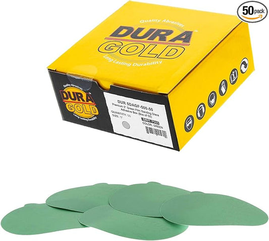 Dura-Gold Premium 5" Green Film PSA Sanding Discs - 500 Grit (Box of 50) - Film Back Self Adhesive Stickyback Sandpaper Discs for DA Sanders, Fast Cut Abrasive - Sand Automotive Paint Woodworking Wood