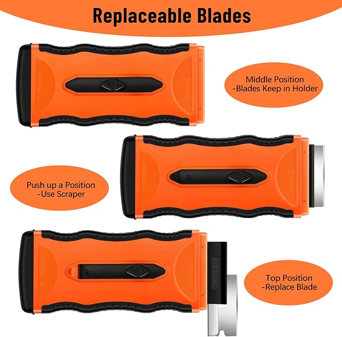 DEKEones Razor Blade Scraper, 1 Pack 2-in-1 Retractable Double-ended Razor Scraper Tool with Extra 5Pcs Plastic and Metal Razor Blades, Multi-Purpose Scraping Tool for Cooktop Oven (Orange）