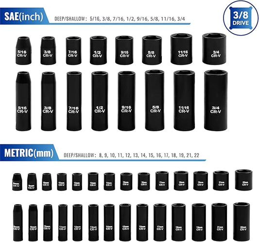 50-Piece 3/8" Drive Socket Set, SAE (5/16"-3/4") & Metric (8mm-22mm), Deep & Shallow, 72-Tooth Ratchet Wrench, Extension Bars, 1/2" F to 3/8" M Reducer, Universal Joint & Power Drill Adapter