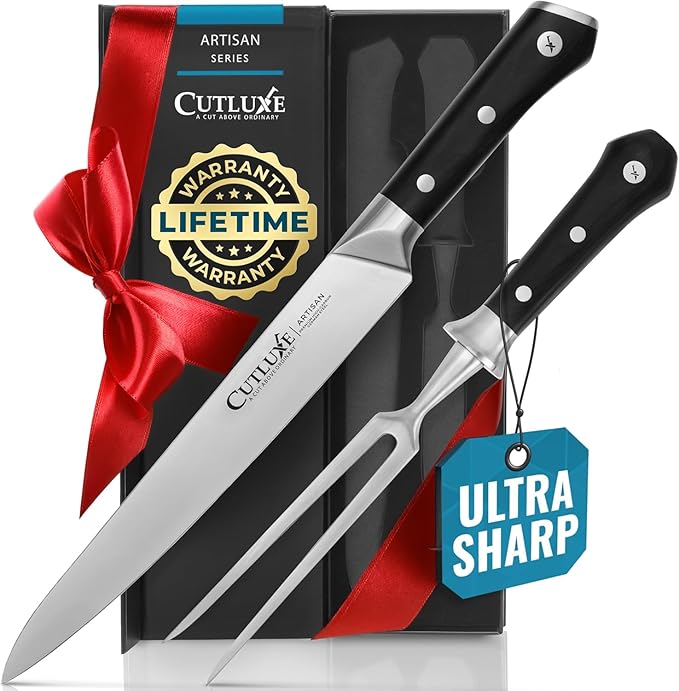 Cutluxe Turkey Carving Knife Set ??Carving Fork & Knife for Meat, BBQ, Brisket ??Razor Sharp Premium German Steel Full Tang, Ergonomic Handle, Grilling Gifts for Men ??Artisan Series