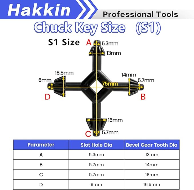 Hakkin 4 Way Chuck Key 4 in 1 Chuck Press Key Wrench, 1/4”, 3/8”, 1/2”, 3/4” Sizes Replacement Drill Clamping Wrench for Electric Drills, Impact Drivers, Home Tools (Size S1)