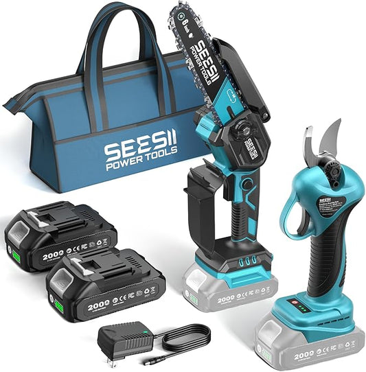 SEESII Mini Chainsaw & Electric Pruning Shears Combo, 6-inch Brushless Handheld Power Chain Saw, 1.2??Cutting Cordless Pruner for Tree Trimming, Tools Kit with 2x2000mAh Batteries, Fast Charger