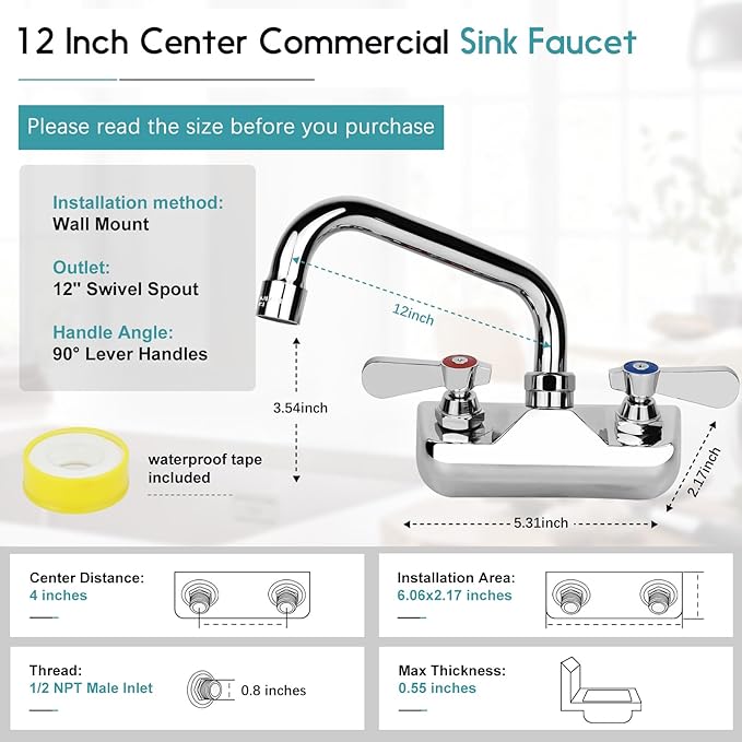 Leak-Free Commercial Sink Faucet 12" Swivel Spout, Wall Mount Kitchen Hand Sink Faucet with 4 Inch Center, 1/2" NPT Male Inlet, Brass Constructed & Chrome Polished, Dual Lever Handles