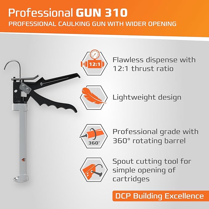 DCP Professional Gun 310 Caulking Gun with Wider Opening 10 oz. - Manual Caulking Tool Gun Suitable for Silicone, Polyurethane & Acrylic Caulk - 12:1 Thrust Ratio Hand Caulk Gun with Wider Opening