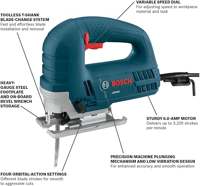 BOSCH JS260 Top-Handle Jig Saw - 6.0 Amp Motor, Variable Speed Control, Low-Vibration Plunging Design, Toolless Blade Change System - Ideal for Accurate and Smooth Cutting