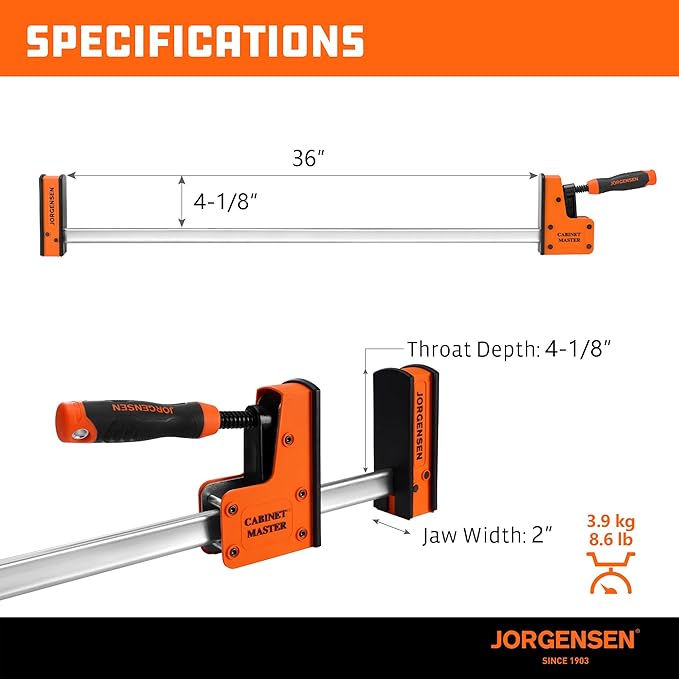 JORGENSEN 36-Inch Parallel Bar Clamp, Heavy-Duty Cabinet Master Clamp for Woodworking Glue-Up, 2200 lbs Force, Quick Release, Spreader Function, 2-Pack