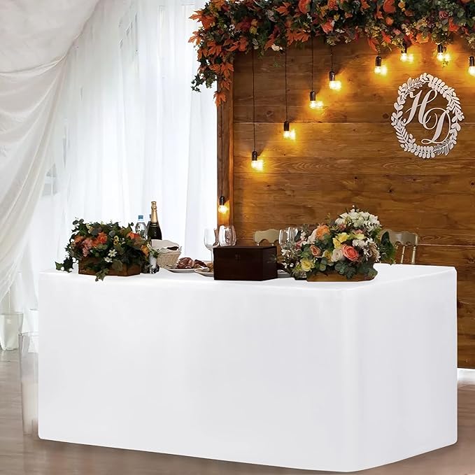 HolidayIdeas 2 Pack Fitted Table Clothes - 48 x 30 Inch - White Rectangle Tablecloths for 4 Foot Tables, Polyester Fabric Tablecloth for Folding Table, Parties, Birthday, Wedding, Trade Show