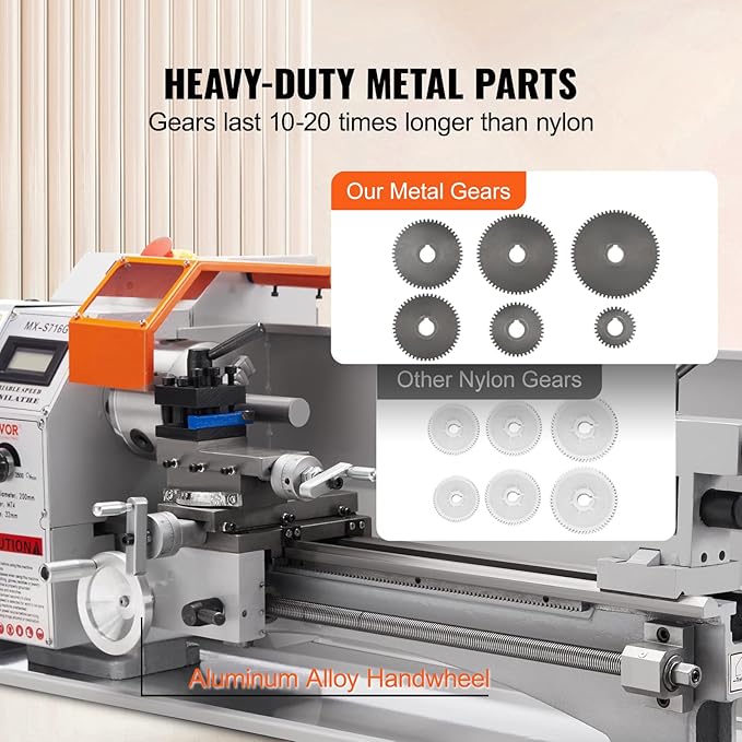 VEVOR 7'' x 16'' Metal Lathe Machine, 800W Precision Benchtop Power Metal Lathe, 150-2500 RPM Continuously Variable Speed, with 3.9'' 3-jaw Metal Chuck Come with Tool Box