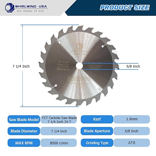 MGSB 7 1/4 Inch 24 Teeth Circular Saw Blade for Wood,Carbide Cordless Miter/Table Saw Blade,5/8" Arbor