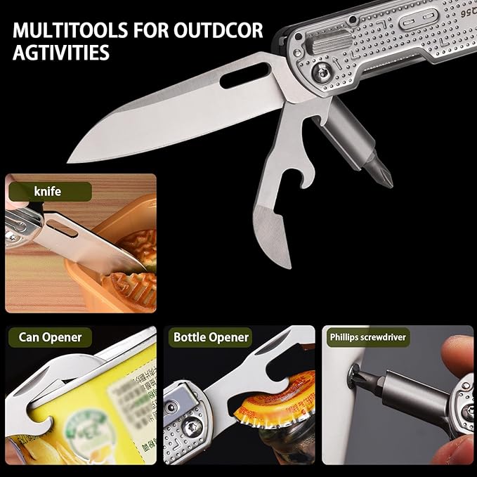 SQT2056 13-in-1 Multitool Knife with Glass Breaker, Survival Knife for Outdoor, Camping, Hiking, Emergency - Portable Scissors, Screwdrivers, Can Opener for EDC, Work & Adventure
