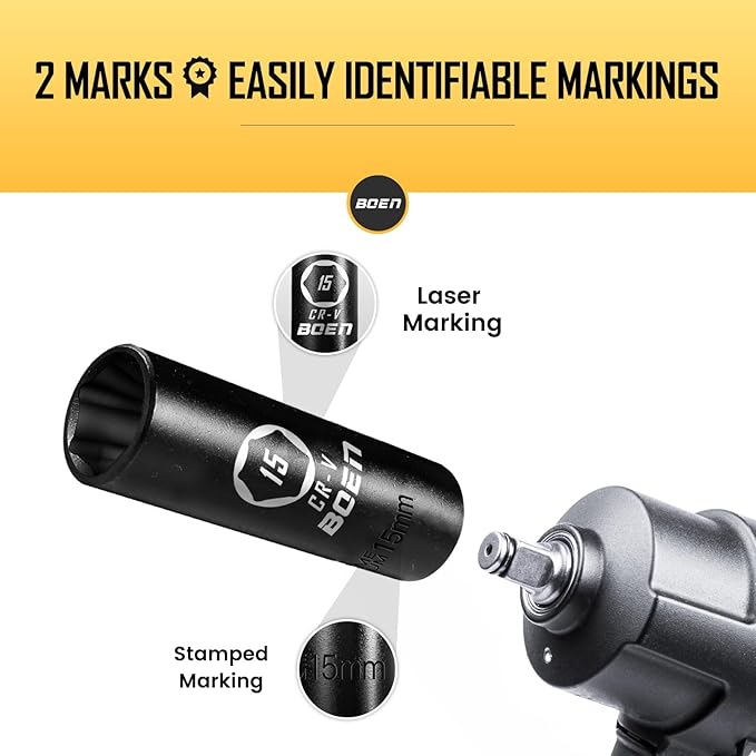 BOEN 1/2" Drive Deep Impact Socket,15mm Premium Socket,Metric,6 Point,Cr-V Steel with Laser Marking - Strong and Durable