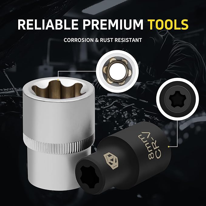 15pc External Torx Plus Socket Set Compatible with Tesla, 6 Point EP Sockets EP4, EP5, EP6, EP7, EP8, EP10, EP11, EP12, EP14, EP16, EP18, EP20, EP22, EP24 with 1/2'' 3/8'' 1/4'' Dr, 5 Point CR-V