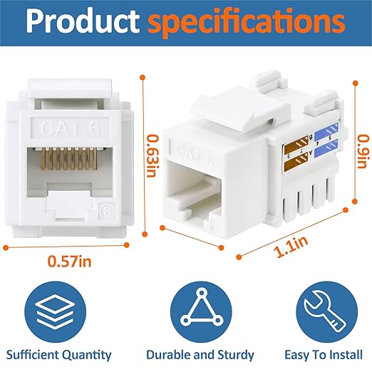 Hoteam 100 Pcs Cat6 Keystone Jacks, Rj45 Ethernet Modular Coupler Punch Down Insert, 90-Degree UTP Connector for Wall Plate, Panel and Surface Mount Box (White)