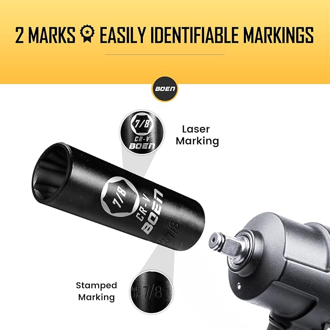 BOEN 1/2" Drive Deep Impact Socket,7/8 Inch Premium Socket,SAE,6 Point,Cr-V Steel with Laser Marking - Strong and Durable