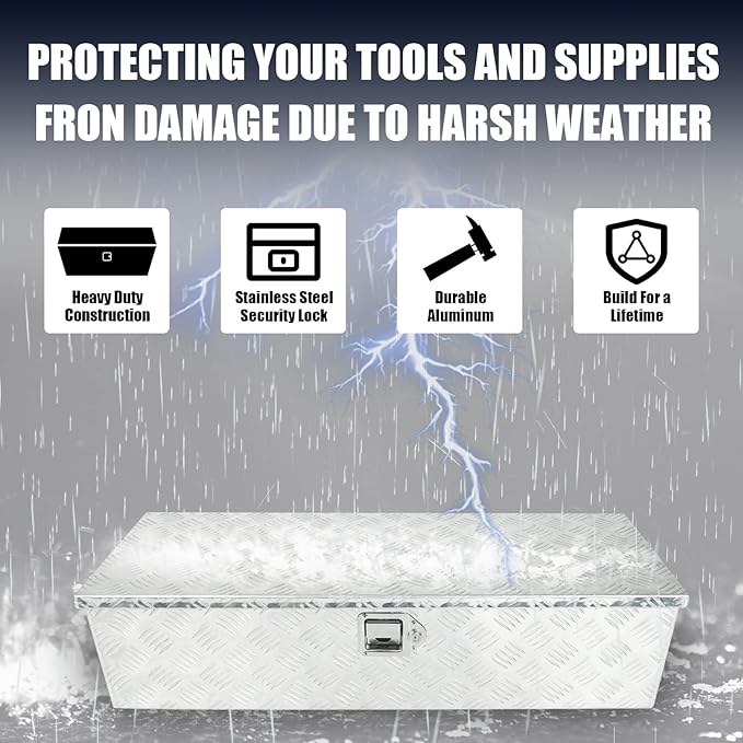 confote 39 Inch Heavy Duty Aluminum Stripes Plated Tool Box Pick Up Truck Bed RV Trailer Toolbox Waterproof Square Storage Organizer with Side Handle, Lock and Keys -39"x 13"x 10"竊똕ilver
