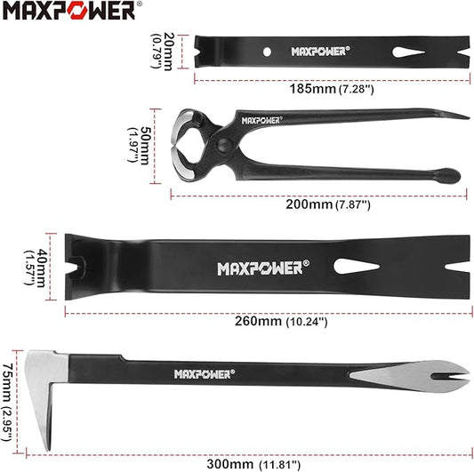 MAXPOWER 4-Pieces Pry Bar Set, 12-inch Utility Claw Pry Bar, 8-inch Nail Puller, 10-inch and 7-inch Flat Pry Bar Crowbar Claw