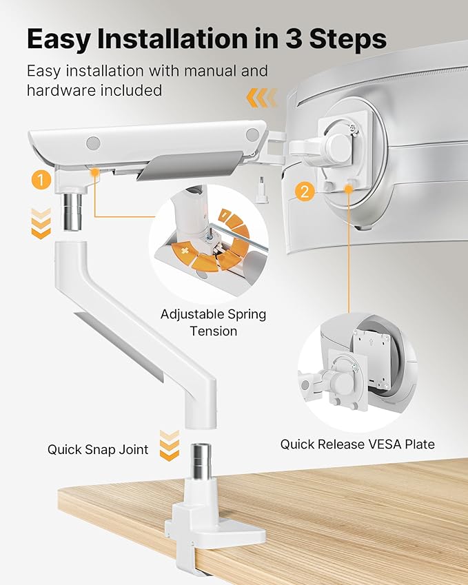 monTEK Sleek Aluminum Monitor Arm for 17??7??Ultrawide Screens up to 59.4 lbs, USB 3.0 A/C, Heavy Duty Single Monitor Arm Desk Mount, Pneumatic Lift, Quick-Release Plate, Clamp/Grommet, VESA 100x100