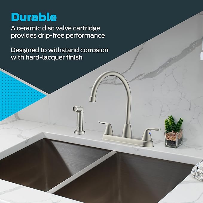 EZ-FLO Two-Handle High-Rise Kitchen Faucet with Side Sprayer, Polished Chrome Finish, 1/2 in MIP Connection, 1.75 GPM, EZ-10202