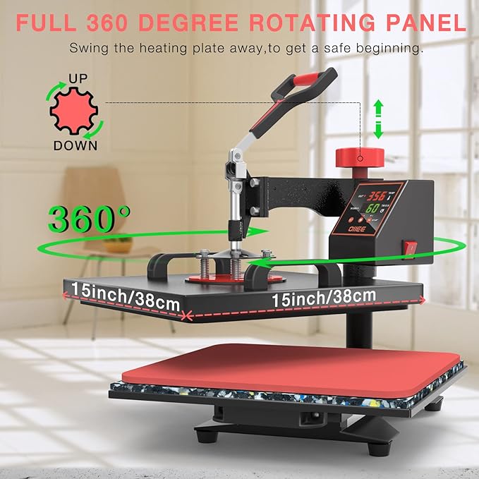 OIIEE Heat Press Machine 5 in 1 Combo Heat Press 15 x 15 Inch Heat Transfer Machine 360-Degree Swing Away Digital Shirt Printing Multi-function Heat Transfer Sublimation for T Shirts Mug Hat Plate Cap