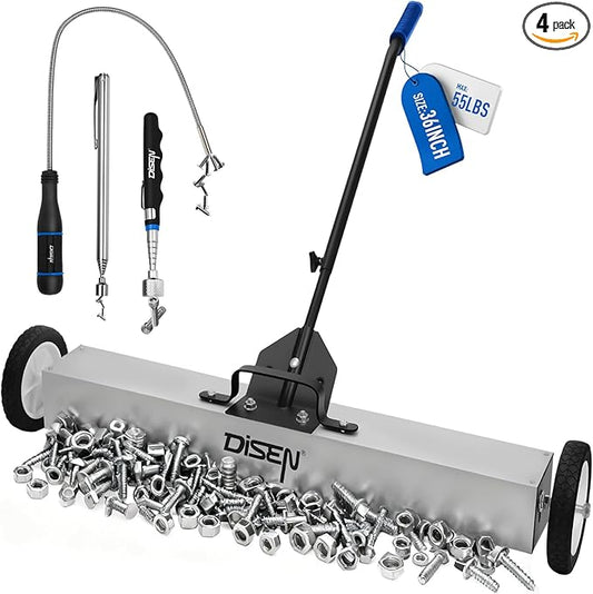 DISEN 36-Inch Rolling Magnetic Sweeper with Wheels 40-Inch Telescoping Adjustable Handle 55-Pound Capacity with 3 Pack Telescoping Magnet Pick-up Tool Set Heavy-Duty Magnet to Pick Up Nails
