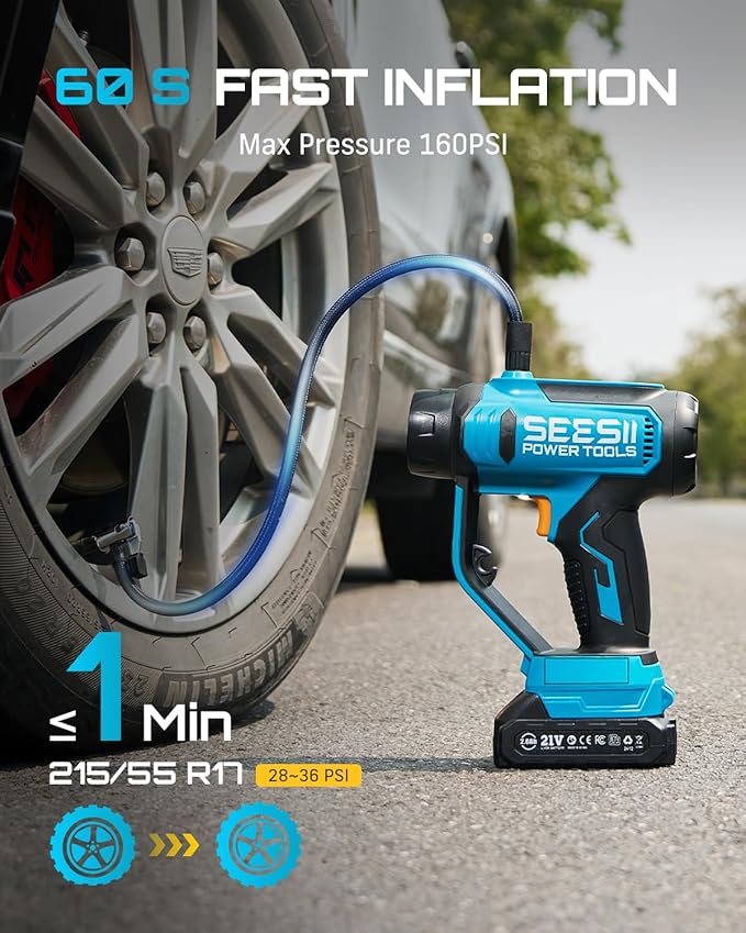 SEESII 3-in-1 Tire Inflator, Portable Air Compressor & Car Vacuum Cleaner & Searchlight, 21V Car Tire Air Pump with Digital Pressure Gauge, 150 PSI Max for RV SUV Tires, Motorcycles, E-Bikes