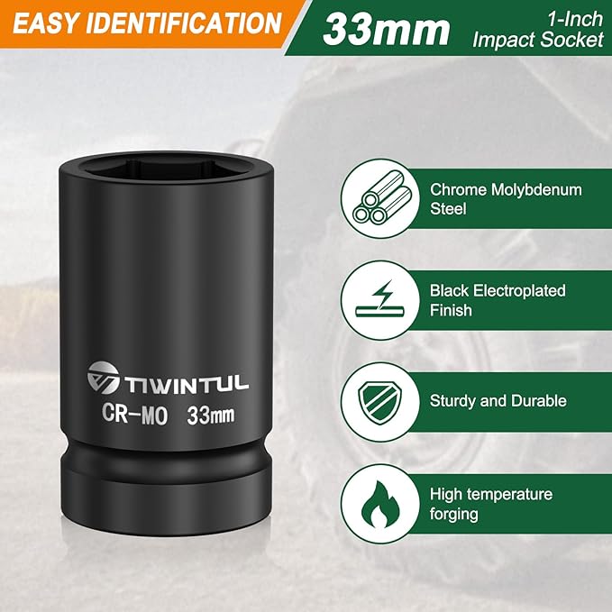 33mm Impact Socket 1" Drive, Deep 6 Point Design, CR-MO, ANSI Certified, Heavy Duty 33mm Socket 1 Inch Drive for Truck, Bus, Trailer & Farm Machinery Maintenance
