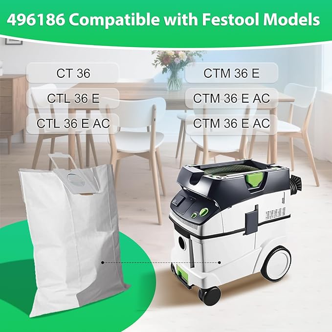 10 Pack 496186 Selfclean Filter Vacuum Bags For Festool CT 36, CTL 36, CTM 36 Dust Extractor Bag for Festool Vacuum Cleaner, Shop Vac Bags, Large Capacity Dust Collector Bag for Woodworking Workshops
