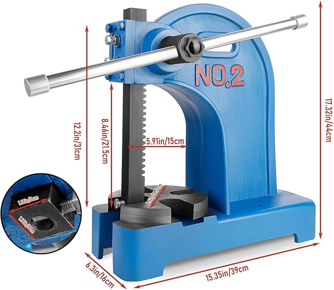 Vohala 1 Ton Arbor Press, Manual Arbor Press, 6"" Maximum Height, Cast Iron Desktop Press for Bending, Stamping, Forming, Stretching (2 Ton Bule)