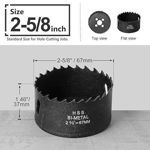 2-5/8 Inch Hole Saw with 3/8" Triangle Shank Quick Change Arbor, JTemgle Bi-Metal Hole Saw Heavy Duty Hole Cutting Tool for Cornhole Boards, Recessed Lights, Wood, Plastic, Drywall & Soft Metal