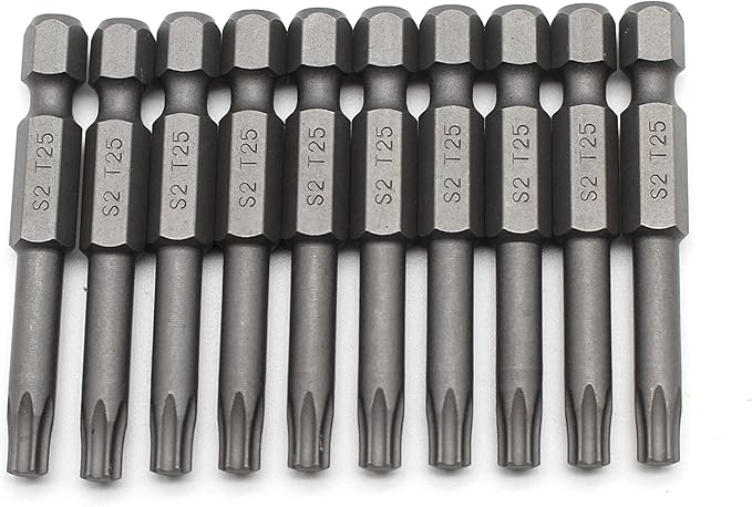 10 pc T25 Torx Star Head Screwdriver Bit Set, S2 Steel 6 Point T-25 Reduced Round Shaft Screwdriver Insert Bits Hex Shank