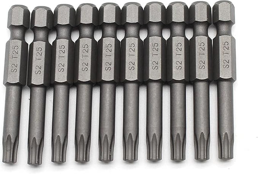 10 pc T25 Torx Star Head Screwdriver Bit Set, S2 Steel 6 Point T-25 Reduced Round Shaft Screwdriver Insert Bits Hex Shank