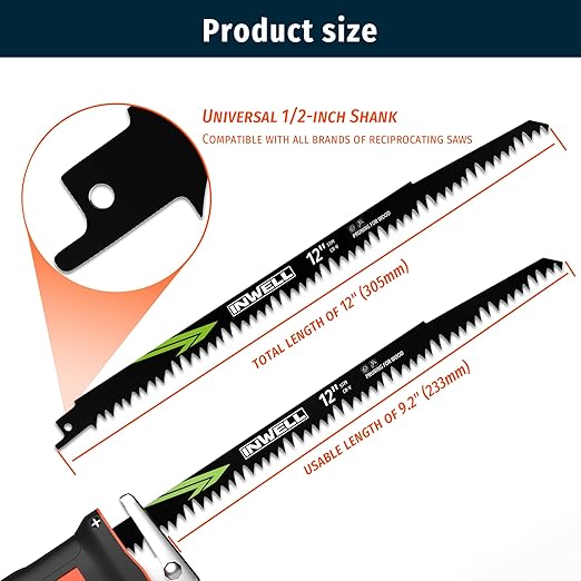 12-Inch Wood Pruning Reciprocating Saw Blades 12-Piece, 5TPI, Sawzall Blades Wood, CR-V Steel Universal Saw Blades Set with Storage Box