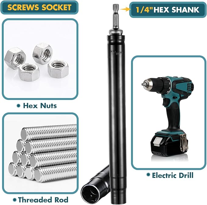 Blulu 7/16(12mm) power Nut Driver 7.8 Inch Long, Nut Runner Hollow Socket with 1/4" Hex Shank, Fit Long Bolts and Ductwork for Overhead Fastening Applications Operations(1 Pack, 7.8 Inch)