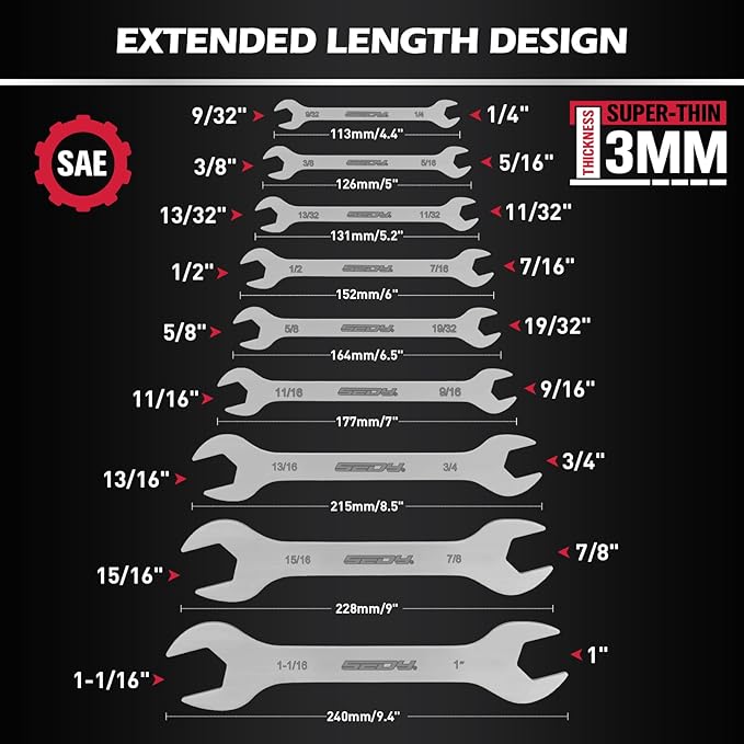 19-Piece Super Thin Open-End Wrench Set, SAE 1/4"-1-1/16" & Metric 5.5??7 mm, 3 mm Thickness Slim Wrench Set for Tight Spaces, Nickel Plated Flat Wrenches with Red & Blue Rolling Storage Pouches