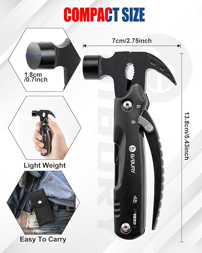 BIBURY 12 in 1 Multitool Hammer with Snowflake Tool, Christmas Stocking Stuffers for Men, Survival Gear Outdoor Multi Tool with Safety Lock, White Elephant Gifts for Men Dad Him Grandpa Husband