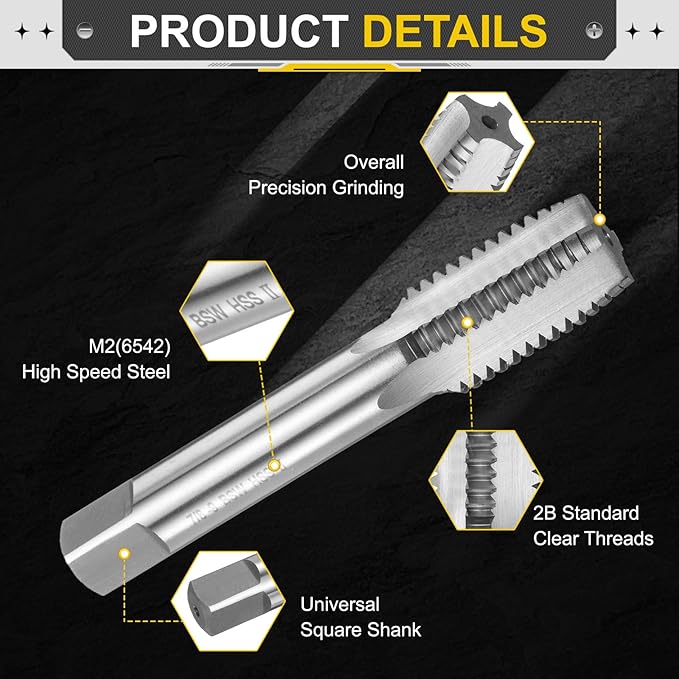 uxcell Hand Plug Tap 7/8"-9 BSW 2B Thread Plug Style Taps Straight Flute Screw Tapping Threading Tool High Speed Steel HSS6542