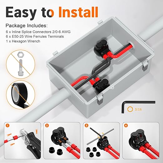 Joinfworld 2 Port Insulated Multi Tap Connector 2/0-6 Gauge Wire Connectors Aluminum to Copper Wire Connectors Single Side Entry Black Electrical Cable Connectors with Slotted Allen Hex - 6 Pack