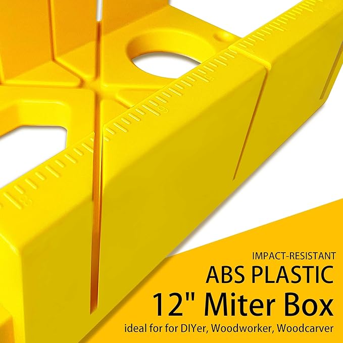 12 Inch Heavy Duty Mitre Box Cuts both 45 degree and 90 degree Miter Angles for Accurate Cutting, Impact-Resistant ABS plastic Miter Box for DIYer, Woodworker, Woodcarver, Carpenter, Yellow