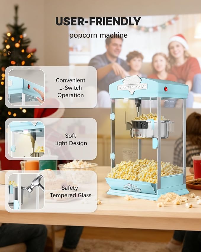 8 Oz Popcorn Machine, Tabletop Popcorn Maker, Countertop Pop Corn Machine Makes Up to 32 Cups, Movie Theater Popcorn Popper Machine with Stainless-Steel Kettle for Home Family, 300 W, Cyan